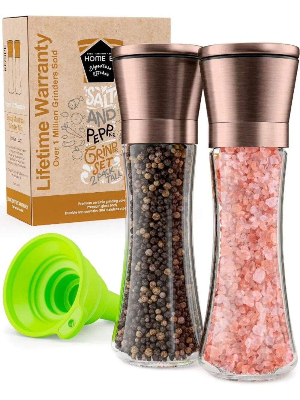 Adjustable Copper Salt & Pepper Grinder Set - Tall Glass Shakers with Funnel